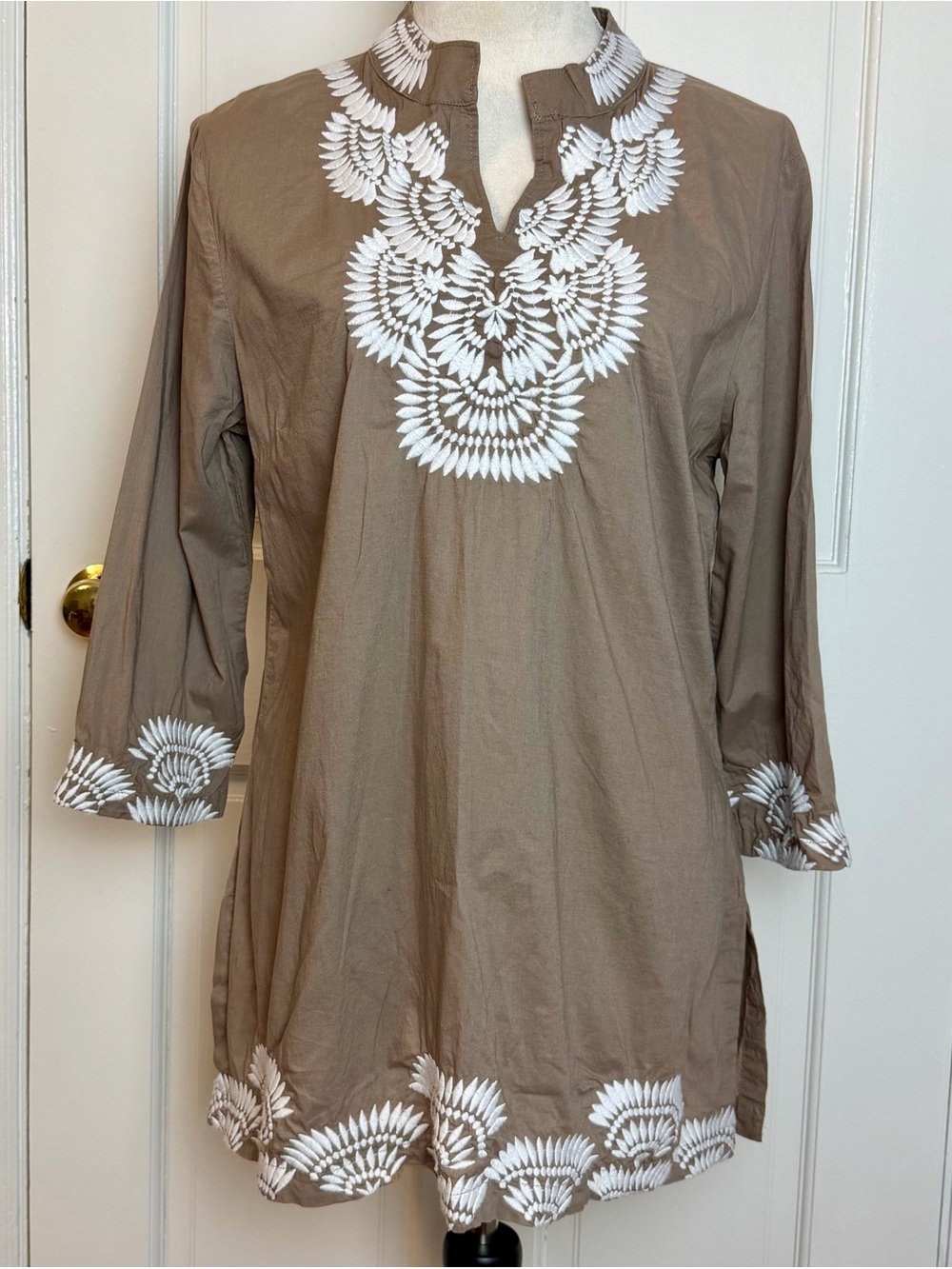 Aventura Women's Organic Cotton Brown Taupe Tunic Top with White Embroidery, L